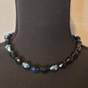 Faceted Aura Borealis Blue Glass Beaded Necklace by Saw Dust Finerey